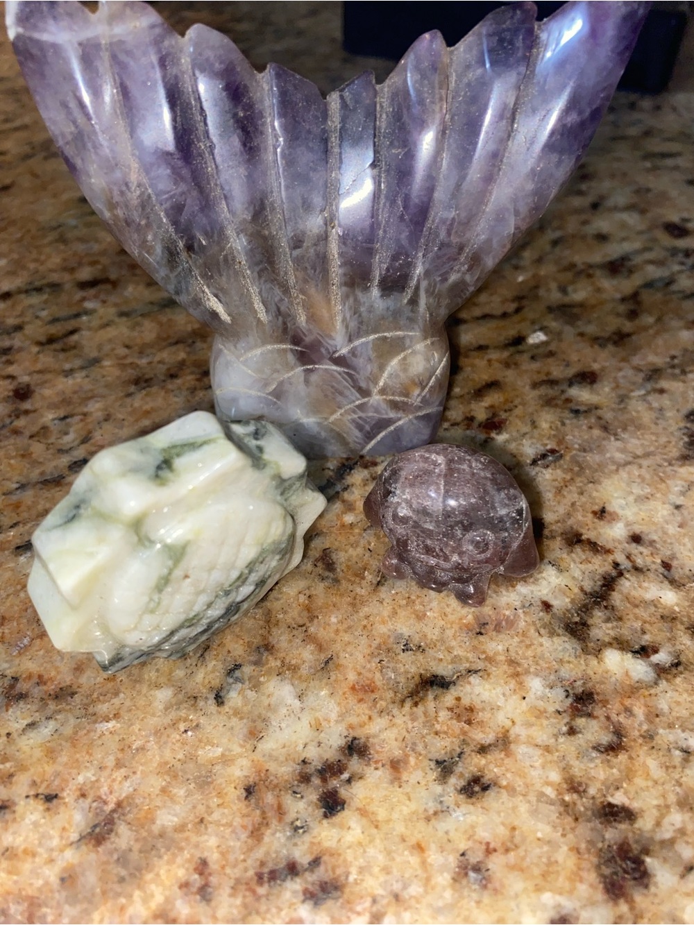 Amethyst mermaid fin crystal, with Two Small Stone Figurines -